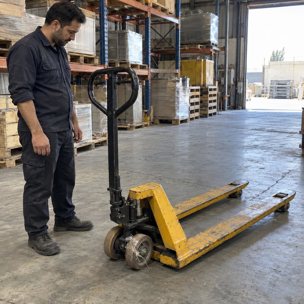 بررسی چرخ و بلبرینگ جک پالت دستی برای تشخیص علت سخت حرکت کردن جک پالت دستی